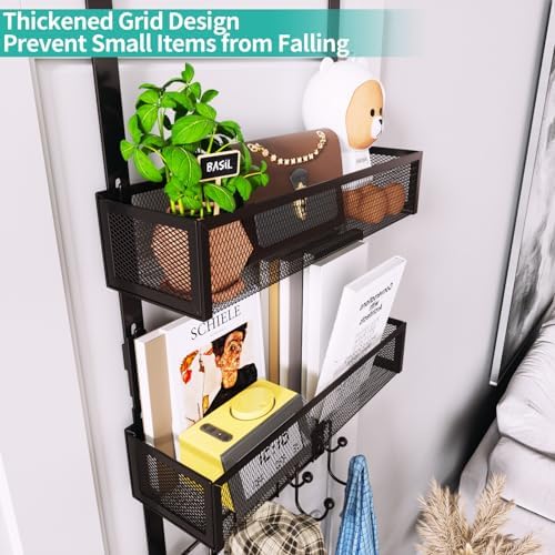 HapiRm Over The Door Hanger with Coat Hooks and 2 Baskets, Rustproof & Waterproof Over The Door Hooks, Storage Organizer for Hats, Bathroom, Kitchen, Bedroom - Bronze - Image 2