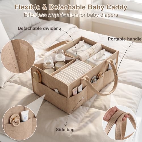 Beige 3 Tier Rolling Diaper Caddy Cart with Wheels and Detachable Dividers - Image 4