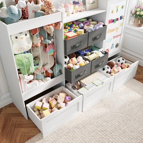 61" W Kids Toy Storage Organizer with Stuffed Animal Storage, 3 Movable Storage Drawers, 4 Removable Storage Bins, Wooden Bookshelf with Magnetic Drawing Board for Kids Room & Playroom, White - Image 5