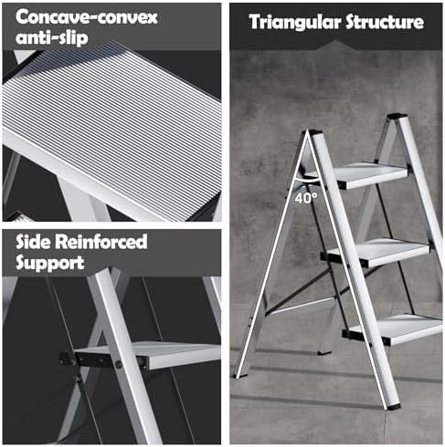 Taranta 3 Step Stool Foldable,Aluminum Step Ladder-Sliver - Image 2
