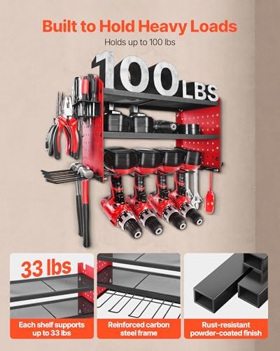 VEVOR Power Tool Organizer Wall Mount, 3-Layer Storage Rack with 4 Drill Holders, Tools Holder and Storage Rack with Side Pegboards, Garage Tool Organizer for Garage, Workbench, and Workshop - Image 5