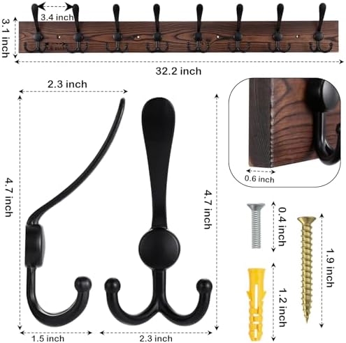 Kuhome 32.2'' Large Coat Rack Wall Mount Coat Hooks Coat Hanger with 8 Metal Black Triple- Hooks Brown Pine Real Wood Plank Hat Rack for Wall Hooks for Hanging Coat Hat Jacket - Image 2