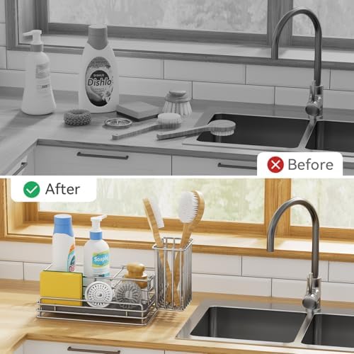 Yofidra Kitchen Sink Caddy with Instant Drying Stone, Metal Stainless Steel Dish Sponge Holder Basket for Sponges, Scrubbers, Soap, 9.5" X 5.5" X 5.7" Sink Box Organizer - Image 5