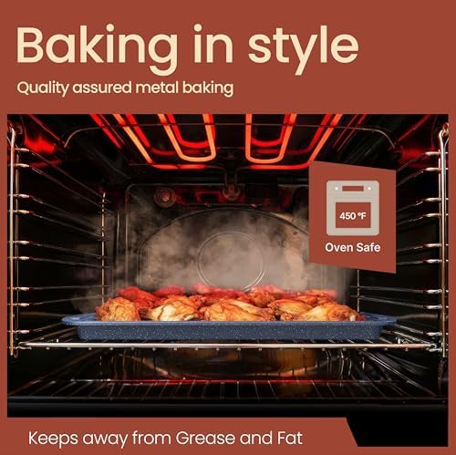 Cookie Sheet with Wire Rack Set, 2-Piece Nonstick Blue Marble Carbon Steel Pan & Cooling Rack, Space-Saving Stackable Set, PFOA, PFOS, PTFE Free, Oven Safe Up to 450°F, 17.4" Pan & 14.7" Rack - Image 6