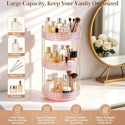 Fangoo 3 Tiers Pink Rotating Makeup Organizer for Vanity 360 Spinning Skincare Organizers for Dresser Perfume Organizer Large Skincare Make up Storage Cosmetic Organizer for Bathroom Countertop - Image 7