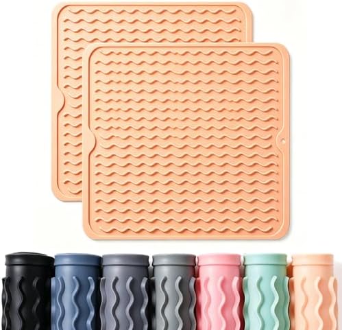2 Pack Caketime Silicone Dish Drying Mat for Kitchen Counter Waterproof Place mats Sink Protector Stove Top Organizer Cooking Appliance Storage Vanity Trays Dryer Rack Drainers Items 12"x12" Beige by CAKETIME