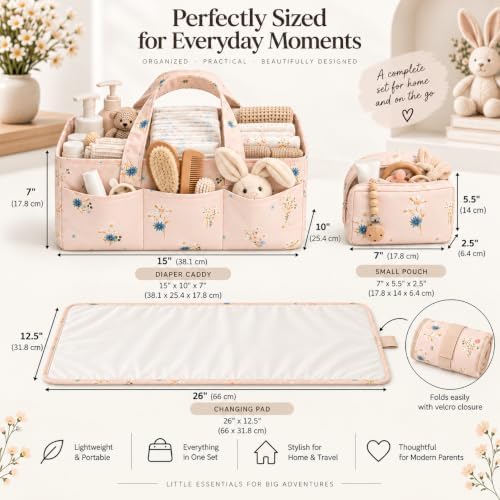 PeraBella Baby Diaper Caddy Organizer 3 Pcs Set, Floral Baby Basket Shower Gift, Nursery Organizer Basket for Newborn Boy Girl Essential Items, Changing Table Organizer Caddy for Baby Stuff, Car Caddy - Image 2