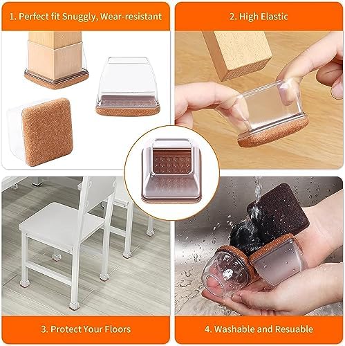 Ezprotekt 24 Pcs Clear Square Chair Leg Floor Protectors with Felt, Silicone Felt Furniture Pads for Hardwood Floor, Dining Table Leg Caps Covers No Scratches and Noise (L Fit: 1.1" - 1.34") - Image 4