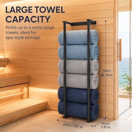 Bathroom Towel Storage Rack, 28 Inch Vertical Towel Holder Wall Mounted Organizer, Rustproof Stainless Steel, Large Capacity, Black - Image 5