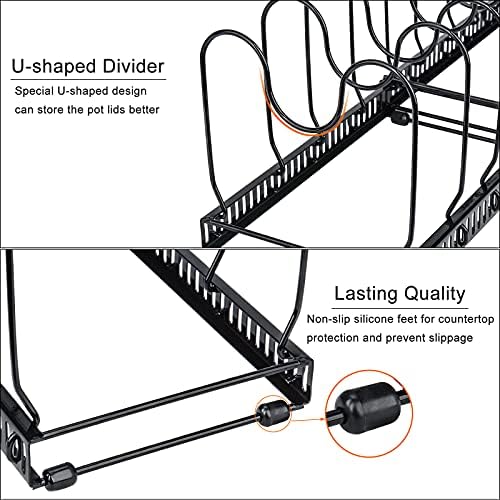 Toplife Pots and Pans Organizer Rack for Cabinet and Countertop, 10+ Pot Lids, Bakeware and Cookware Holder with 10 Adjustable Compartments - Black - Image 5
