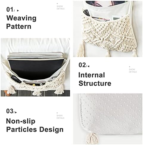 Mkono Macrame Armchair Caddy, Boho Couch Armrest Organizer, 4 Pockets Beige - Image 4
