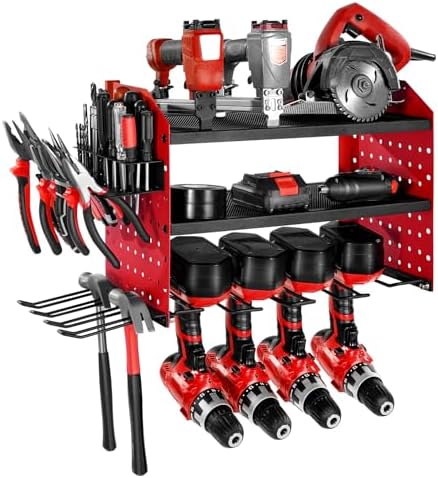 VEVOR Power Tool Organizer Wall Mount, 3-Layer Storage Rack with 4 Drill Holders, Tools Holder and Storage Rack with Side Pegboards, Garage Tool Organizer for Garage, Workbench, and Workshop by VEVOR
