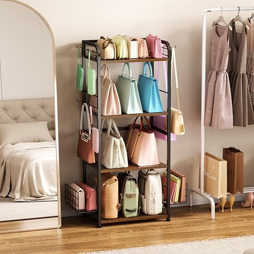 koozuuyk 4-Tier Purse Organizer for Closet with 3 Side Hooks and 2 Baskets, High Capacity Purse Rack Stand for Purse Storage, Metal & Wood Handbag Holder for Handbag Organizer, Patent Pending - Image 2