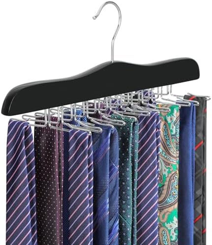 TOPIA HANGER Tie Rack Hanger for Closet, Wooden Tie Organizer for Men with 24 Folding Hooks, Space Saving Necktie Holder for Storage and Display Bra, Tank Top, Camisole (1-Pack), Black- CT14B by TOPIAHANGER