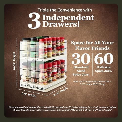 Vertical Spice Cabinet Mounted Spice Rack Organizer - 3 Drawers,30 Reg or 60 Half Sized Spice Jars - Pantry Organizers & Storage -Pullout Shelf for Kitchen Cupboard (6.9''W x 10.75''H x 10.6"D, Cream) - Image 4