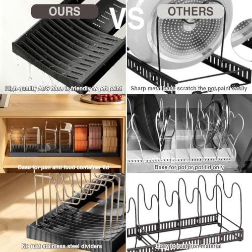 Magheo Pots and Pans Organizer Under Cabinet, Expandable 12.6"-22.8" Kitchen Cabinet Organizer Holder with 10 Adjustable Dividers for Food Storage Container Lid, Cookie Sheet, Cookware(1 Pack, Black) - Image 6