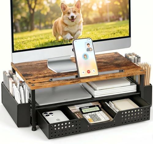 Desk Organizer and Accessories, 2-Tier Computer Monitor Stand Rise with Phone Holder, Drawer & 2 Pen Holders, Laptop & Printer Stand for Desktop, Workspace Organizers for Office Supplies (Brown Wood) by ECOLOVI