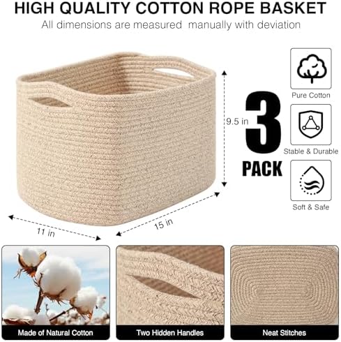 ICERZCZ Decorative Storage Baskets for Organizing Shelves, Toy Basket for Nursery, Woven Cotton Rope Baskets for Decor, Towel Basket for Bathroom, 15"x11"x9.5", 3 Packs, Brown - Image 3