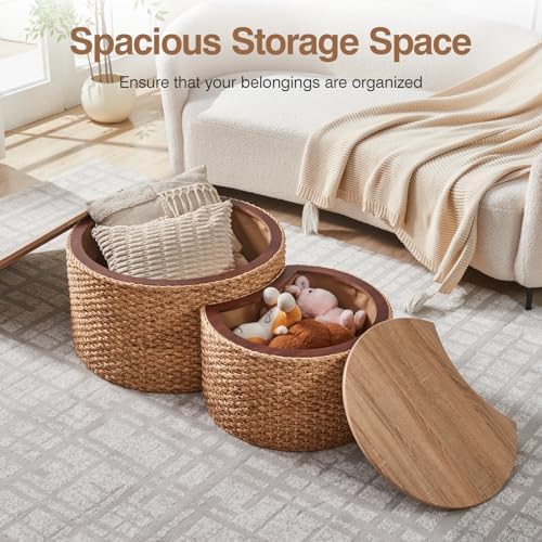 Round Nesting Coffee Table Set of 2 with Storage - Handwoven Wicker Rattan Ottoman Style, Boho Coastal Coffee Tables for Living Room, with Cover & Soild Wood Frame, Natural - Image 4