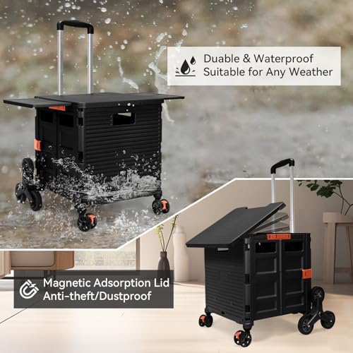 Foldable Utility Cart with Stair Climbing Wheels,Collapsible Rolling Crate with Magnetic Lid Telescopic Cover,Adjustable Telescoping Handle,360° Rotate Wheel Hand Cart for Teacher Shopping Moving - Image 6