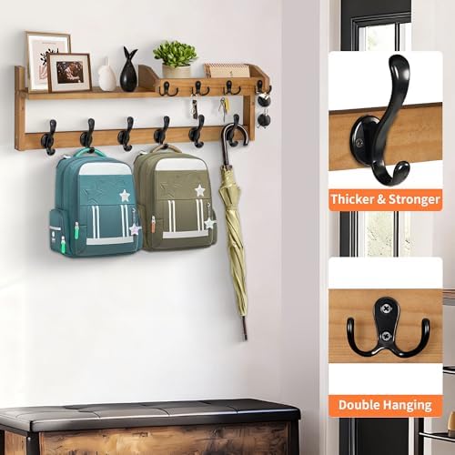 27.5" Wall Mount Coat Rack with Shelf, Key Holder & Mail Organizer, Brown - Image 4