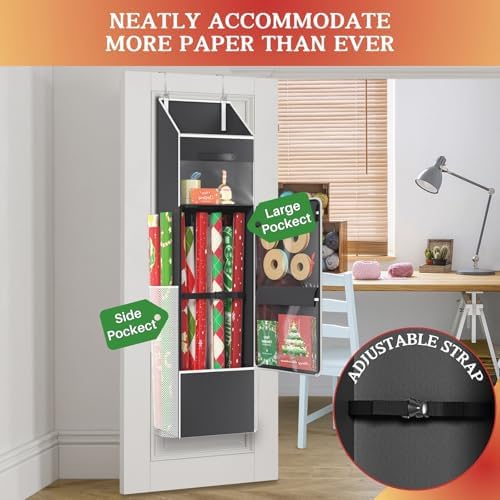 Ofiray-home 2-in-1 Wrapping Paper Organizer Storage, Over Door or Under Bed Organizer with Removable Drawer & 4 Clear Pockets Wrap Storage for Ribbons, Bows, Ornament and Other Tools - Image 3