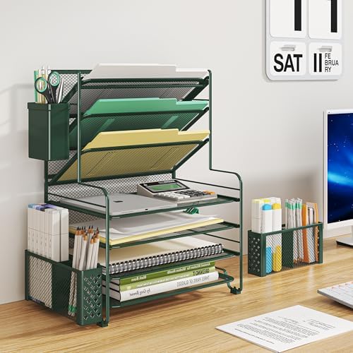 Simple Trending 7 Tier Desk File Organizer, Letter Tray Paper Organizer with Pen Holder and Metal Hanging Basket, Green - Image 2