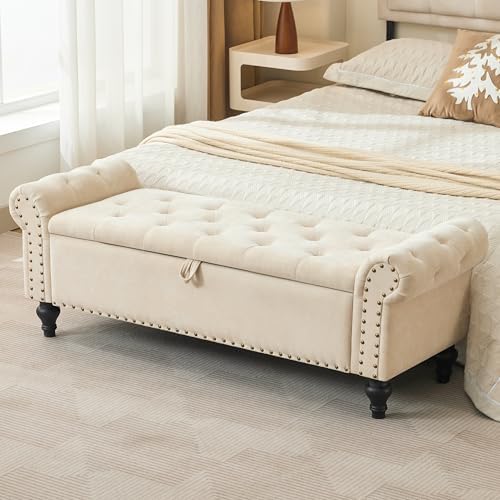 55" Storage Bench for Bedroom, Upholstered Ottoman Bench, Chenille Beige - Image 2