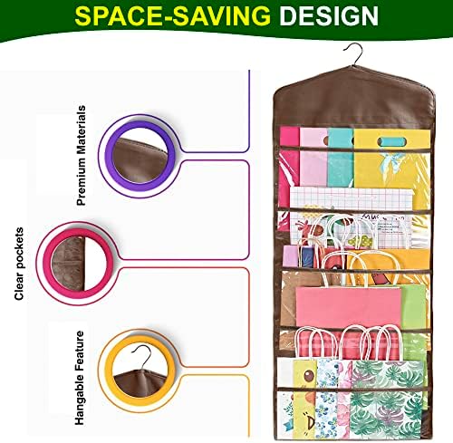 ProPik Hanging Double Sided Gift Bag Storage Organizer with Multiple Front and Back Pockets - Organize Your Gift Wrap, Tissue Paper, and Paper Bags 38 x 16 Inch PVC (Brown) - Image 4