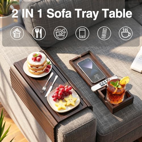 Couch Arm Tray, Bamboo Sofa Tray Table for Couch, Anti-Slip Armrest Organizer, 2-in-1 Split Design Fits Most Sofa Arms, Foldable Couch Cup Holder for Snacks, Phone, Control, Cups, Brown - Image 2