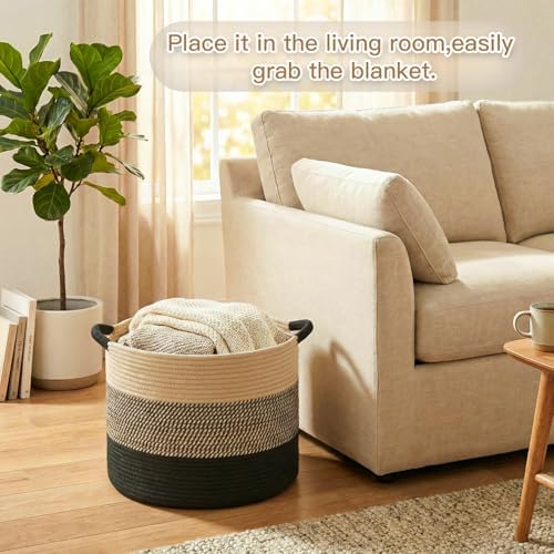 Artfeel 40L Large Cotton Rope Basket, Decorative Woven Blanket Storage for Living Room, Boho Toy Storage & Toy Box for Kids, Versatile Laundry Basket & Nursery Hamper for Blankets(BlackBrown) - Image 2