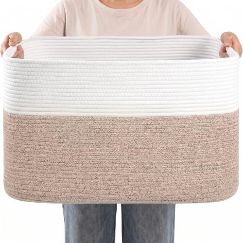75L Blanket Basket, Large Cotton Rope Woven Storage Basket with Handles for Blankets, Pillows, Toys and Clothes, Rectangle Laundry Hamper for Living Room, Nursery, Brown/White, 22x17x12 inch by Hobasket