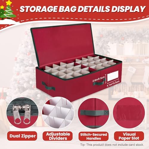 BlessedSeason Christmas Ornament Storage Box with Adjustable Dividers, Cube Storage Containers Organizer *2, Stackable Storage Bins Fit Balls (36 PCS 4’’ & 64 PCS 3”) Dual Zipper, Handles, Visual Slot - Image 2