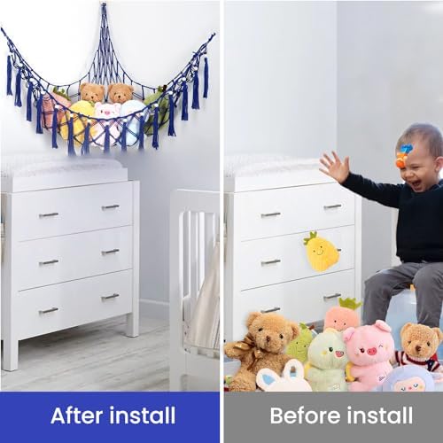 Stuffed Animal Hammock, 55in Storage Macrame Hammock with 75LEDs, Hanging Net for Kids Bedroom Doll Room Corner Organizer, USB Powered Plush Animal Storage Net with Remote (Dark Blue, XL) - Image 7