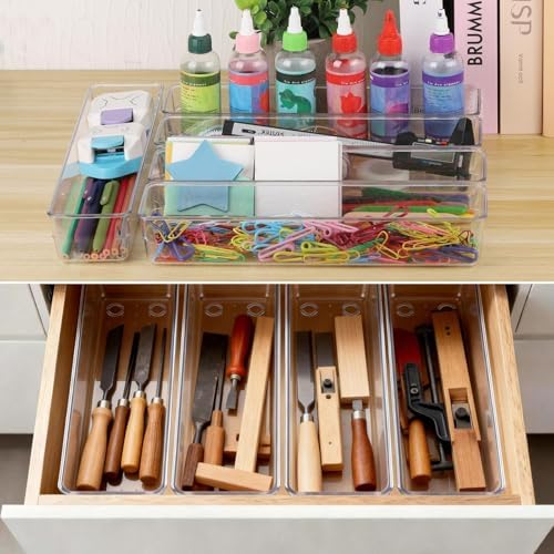 6 Pcs Large Clear Plastic Drawer Organizers Tray 12"x3" Storage Bins with 25 Pcs Non-Slip Pads for Makeup, Jewelries, Kitchen Utensils, Bathroom and Office - Image 6