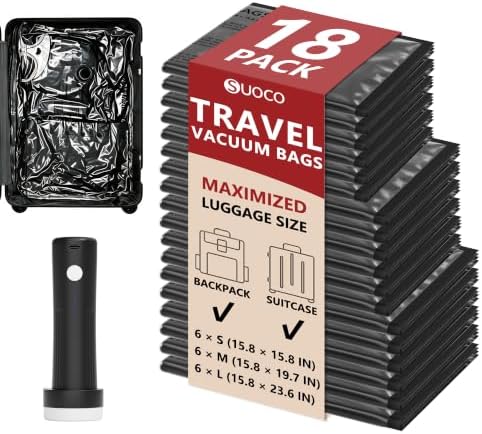 Travel Vacuum Bags for Clothing with Cordless Pump 18 Combo, Black by SUOCO