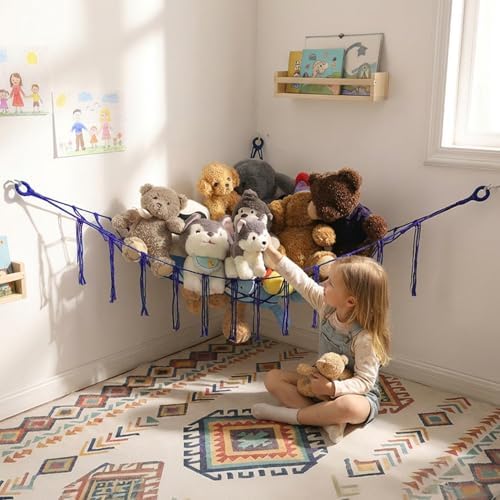 YKBU Stuffed Animals Hammock Corner Hanging Net for Macrame Stuffed Animal Storage Plush Toy Holder Toy Organizer for Boho Nursery Playroom Bedroom Kids Room Decor (blue, Large) by YKBU