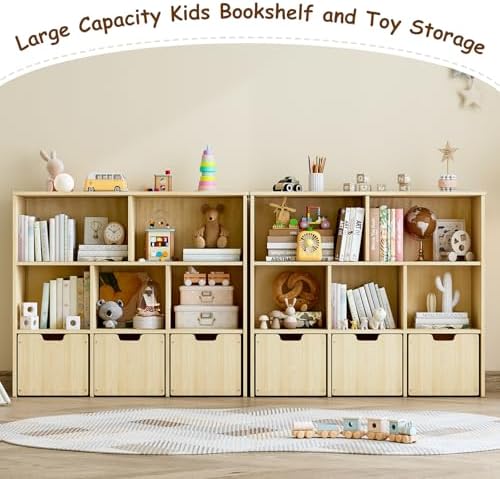 EXPERLAM Solid Pine Wood Toy Storage Organizer, Kids Bookshelf and Toy Organizer with 3 Rolling Drawers, 5 Storage Cubes, Montessori Playroom Storage Cabinet, Burlywood - Image 5