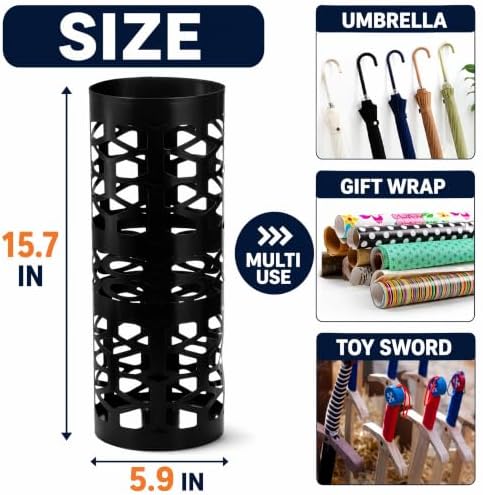 ZENFUN Umbrella Stand, Black Metal Umbrella Holder Freestanding, Cane Walk Stick Holder, Round Umbrella Rack for Entryway, Home, Office, 5.9 x 5.9 x 15.7 Inches - Image 2