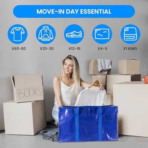 Simple Deluxe 12 Pack Moving Bags, Heavy Duty Storage Totes with Lids, Sturdy Handles& Zipper, Moving Boxes Alternative, Extra Large, for Clothes Packing, Moving Supplies, Blue - Image 6
