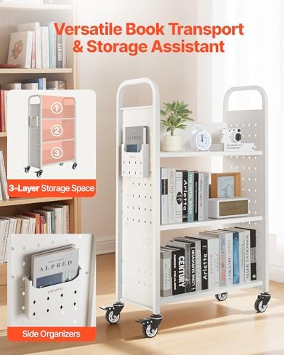 VEVOR Rolling Library Book Cart, 330 lbs Capacity, 30.3 x 15 x 48.0-Inch Library Cart, Single Sided L-Shaped Shelves with 3-Inch Lockable Wheels, Book Truck for Home Shelves Office and School, White - Image 4