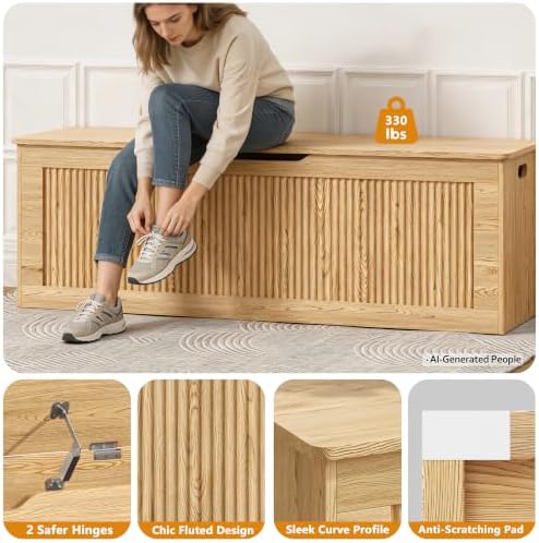Akxomel 51.2" Fluted Storage Chest Wooden Storage Trunk 2 Safety Hinges Oak - Image 6