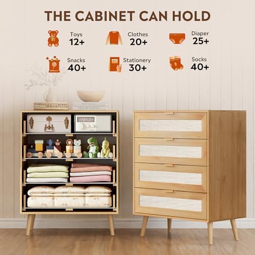 4-Drawer Rattan Tall TV Stand, Wooden TV Console - Image 4