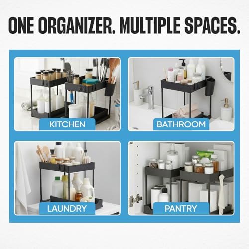 Undersink Organizer, 2-Tier Under Sink Storage Rack with Sliding Drawers for Kitchen Bathroom Cabinets, Pull Out Organizer for Pantry, Laundry Room & Closet Organization - 2 Pack, Black - Image 7