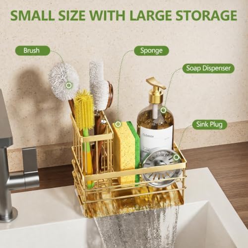 Cisily Gold Sink Caddy Sponge Holder for Kitchen with Brush Holder and Stainless Steel Self Drain Tray, Rustproof Kitchen Sink Organizer for Sponge, Soap Dispenser Storage Accessories - Image 3