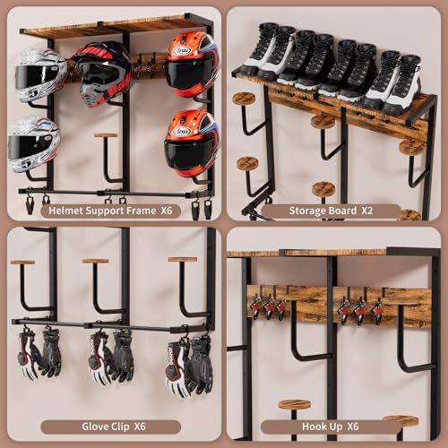 Motorcycle Helmet Rack with 6 J-hooks& 6 Clip Hooks – Wall Mounted Helmet Holder Stand for 6 Helmets, Riding Suits & Accessories, Sturdy Construction Storage Organizer for Entryway or Garage - Image 3
