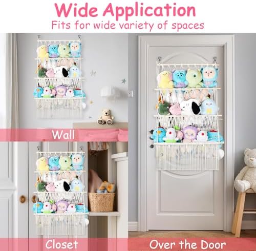 3 Tier Stuffed Animal Storage Shelf Net, 24x39'' Plushy Net, Beige - Image 4