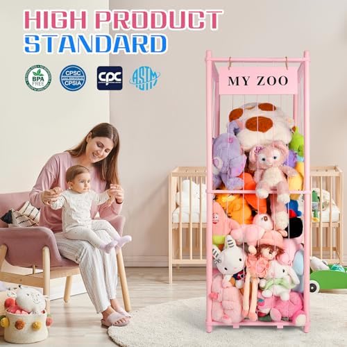GLDZI Stuffed Animal Storage Zoo, Wooden Stuffed Animal Organizer with Elastic Cords for Boys Girls, Space Saving Toy Plushies Storage Holder for Playroom, Bedroom, Living Room (Pink, Large) - Image 3