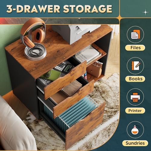 DEVAISE 3-Drawer Wood File Cabinet, Mobile Lateral Filing Cabinet, Printer Stand with Open Storage Shelves for Home Office, Rustic Brown - Image 4