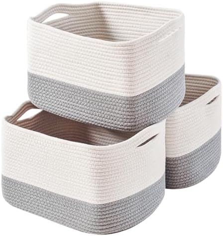 ICERZCZ Storage Baskets for Organizing Shelves, Woven Cotton Rope Bins for Baby Nursery Organization, Book Toy Towel Organizer, 15"x11"x9.5", 3 Packs, Off White & Grey by ICERZCZ